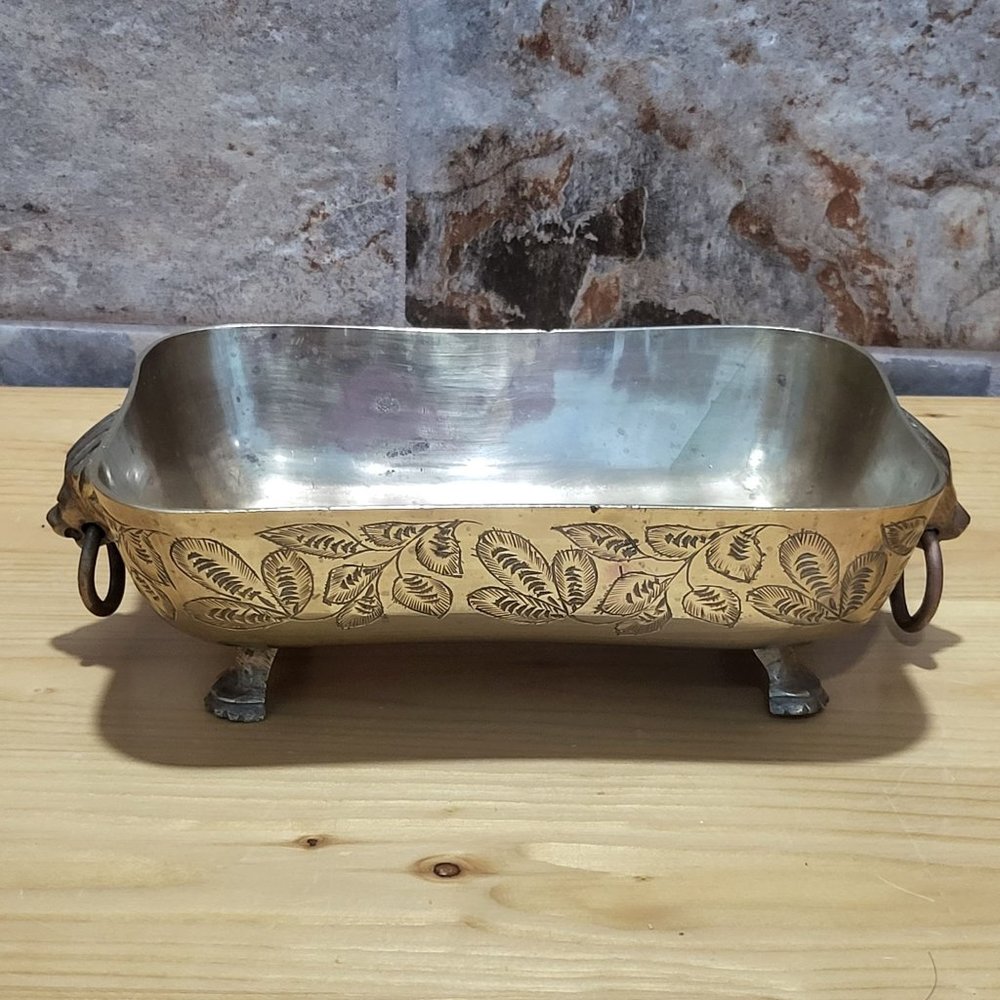 VTG Brass Lion Head Feet Planter Gold Tone Floral India 1609 Etched on Bottom